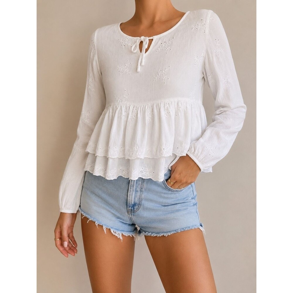 Hollister White Eyelet Embroidered Peplum Blouse Sz M Boho Cottagecore Babydol